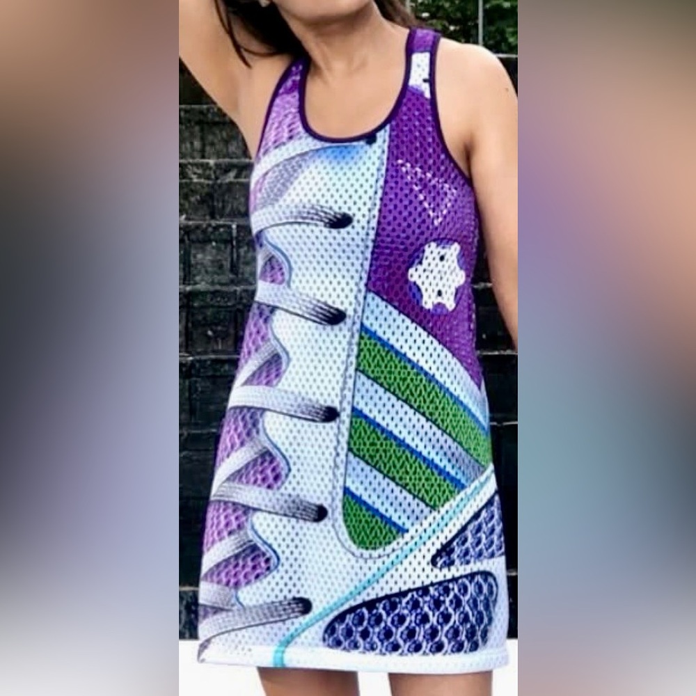 MARY KATRANTZOU x Adidas collab
white purple shoe print tank mini dress XS S